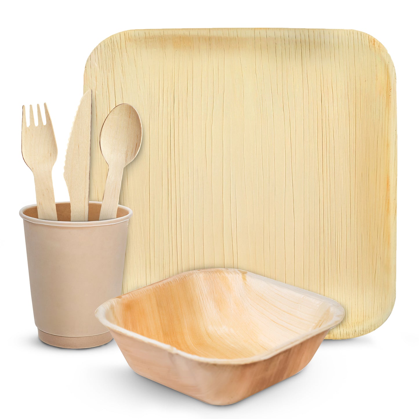 Disposable Palm Leaf Plates, Bowls, Cups and Wooden Cutlery Set - Eco Leaf Products