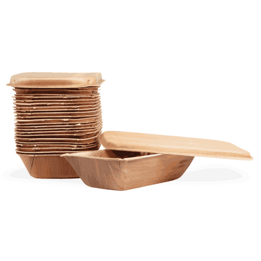 Set of wooden containers with lids on a white background