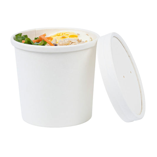 White paper food container with lid containing a meal of rice, vegetables, and an egg on a white background