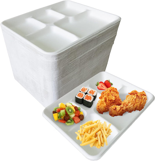 5 Compartment Disposable Plates White - Large 10" x 8" - Eco Leaf Products