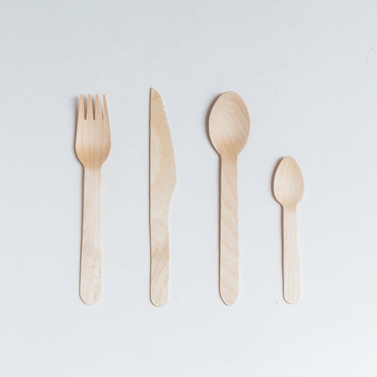 100 Piece Wooden Disposable Cutlery Set (25 x spoon, fork, knife, teaspoon) - Eco Leaf Products