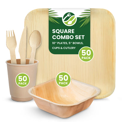 Disposable Palm Leaf Plates, Bowls, Cups and Wooden Cutlery Set - Eco Leaf Products