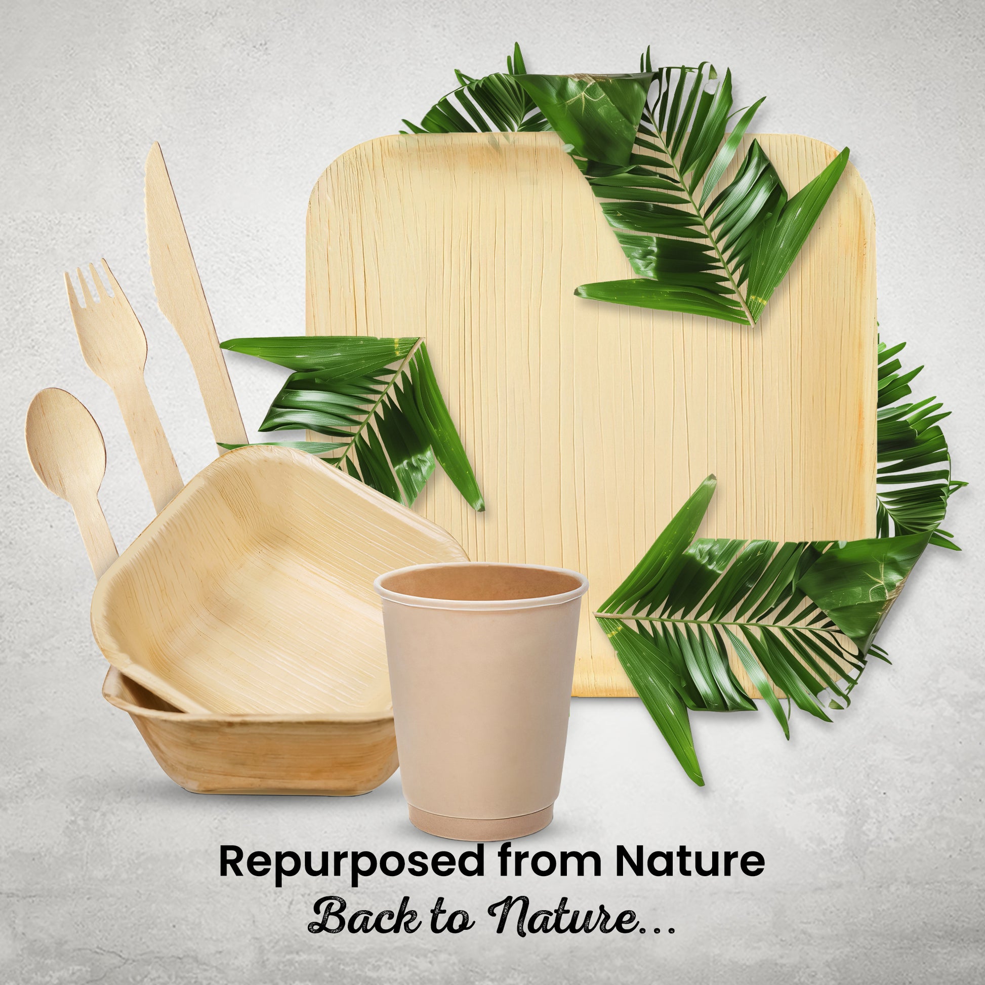 Disposable Palm Leaf Plates, Bowls, Cups and Wooden Cutlery Set - Eco Leaf Products