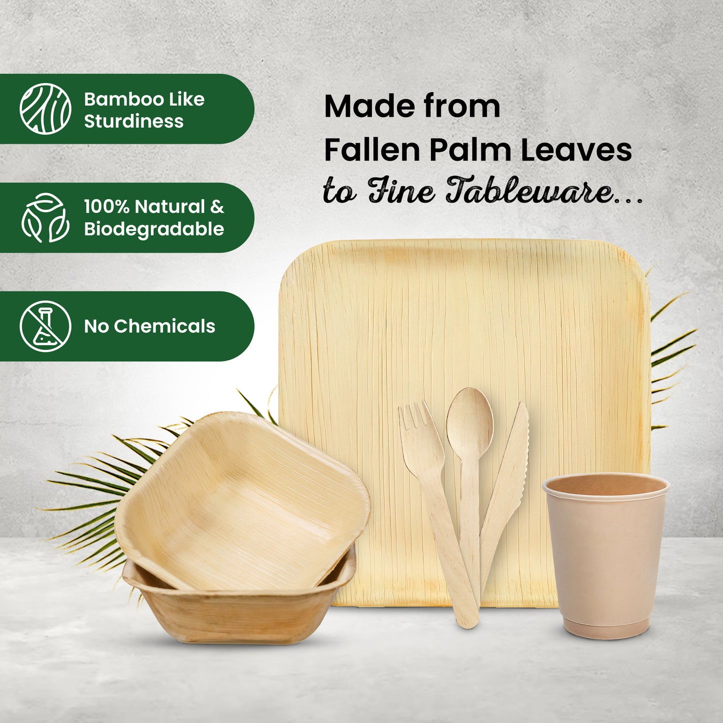 Disposable Palm Leaf Plates, Bowls, Cups and Wooden Cutlery Set - Eco Leaf Products