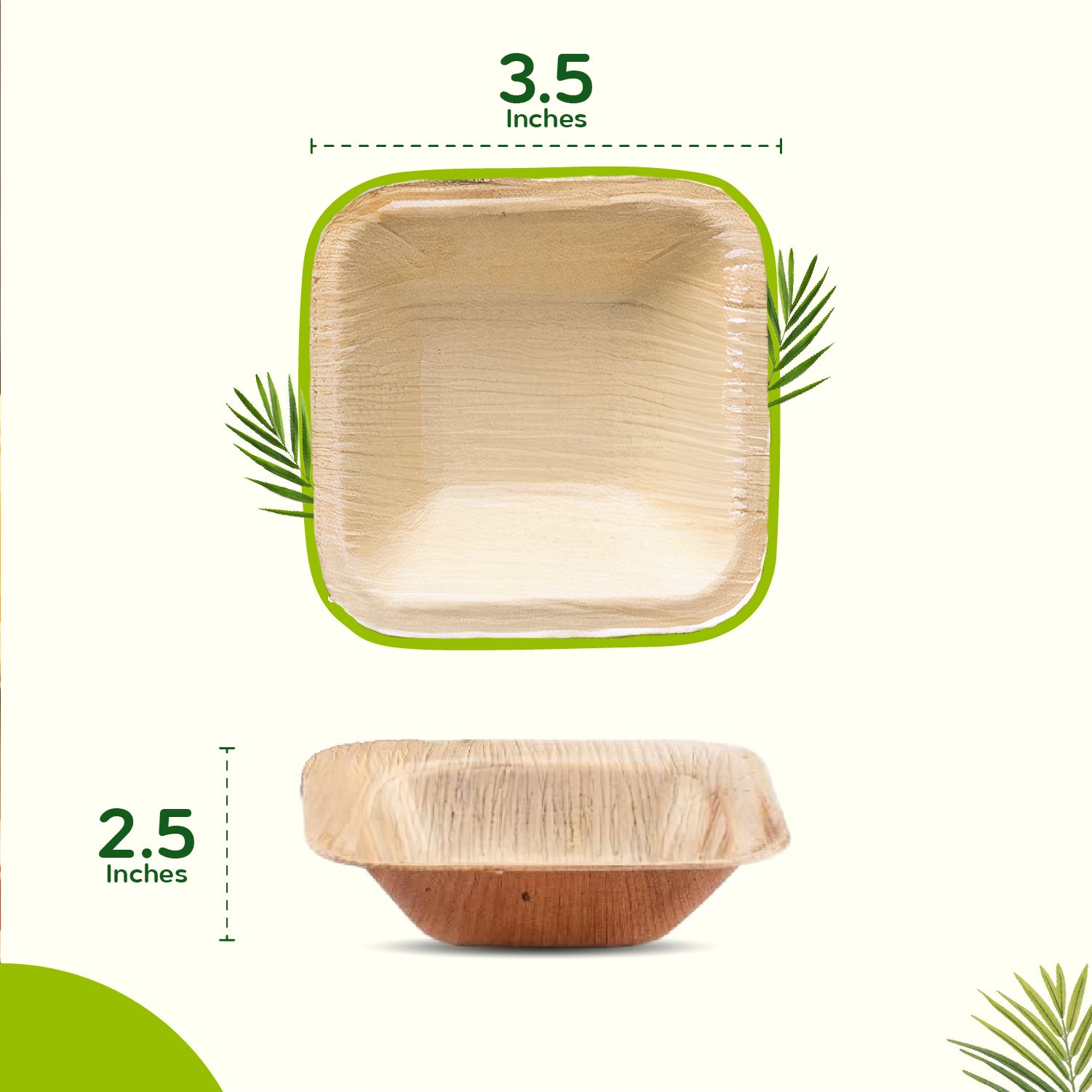 3.5" (9cm) Square Palm Leaf Bowls - Canape Dips - Eco Leaf Products