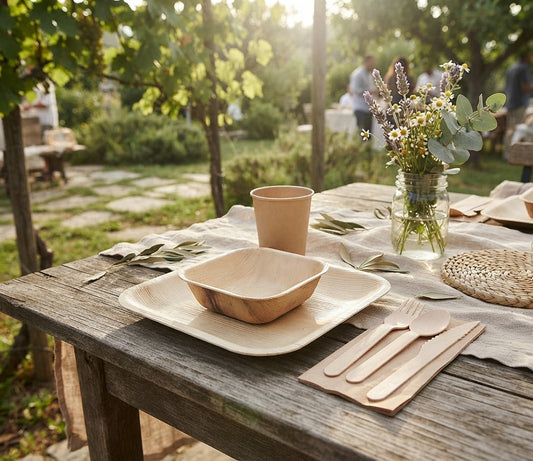 Eco-friendly bamboo tableware set on a rustic wooden table outdoors, including a square bowl, matching square plate, paper cup, paper napkins with a plastic fork and spoon, and a glass vase with flowers.