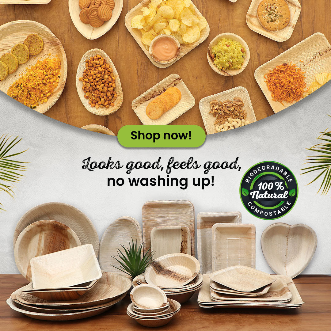 Disposable Palm Leaf Plates, Bowls, Cups and Wooden Cutlery Set - Eco Leaf Products