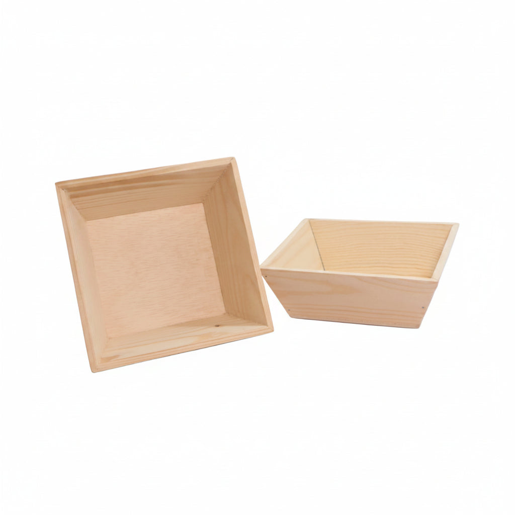 Two wooden baskets on a light gray background

