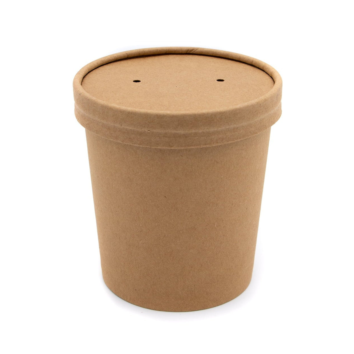 A brown kraft paper cylindrical container with a matching screw-on lid featuring two small ventilation holes, shown on a plain white background.
