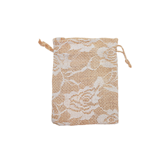 Jute White Floral Bags with Drawstring Medium 13cm - Eco Leaf Products
