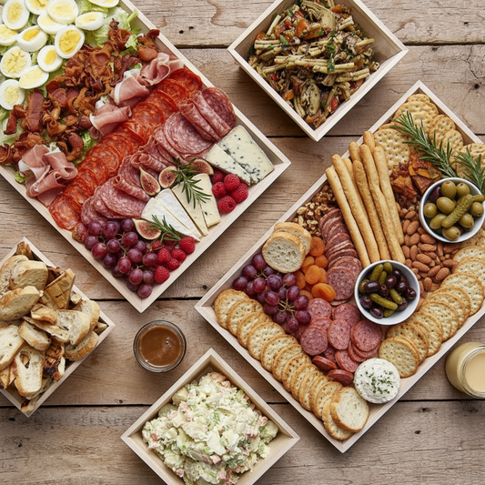 Assorted platter of meats, cheeses, fruits, and vegetables on a wooden table.