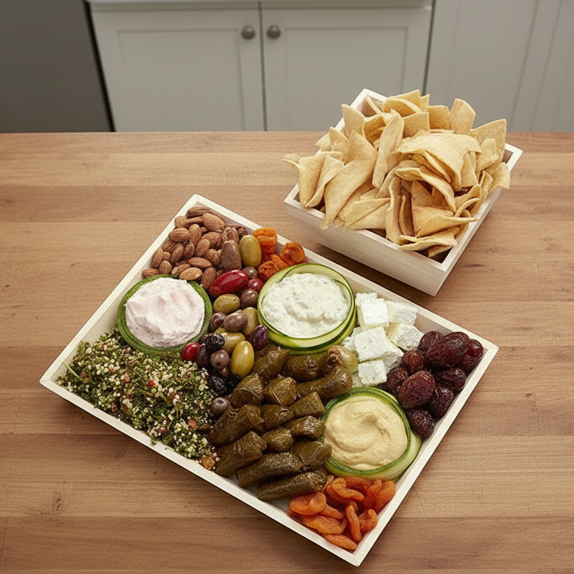 Platter of assorted snacks including hummus, olives, and crackers on a wooden surface.
