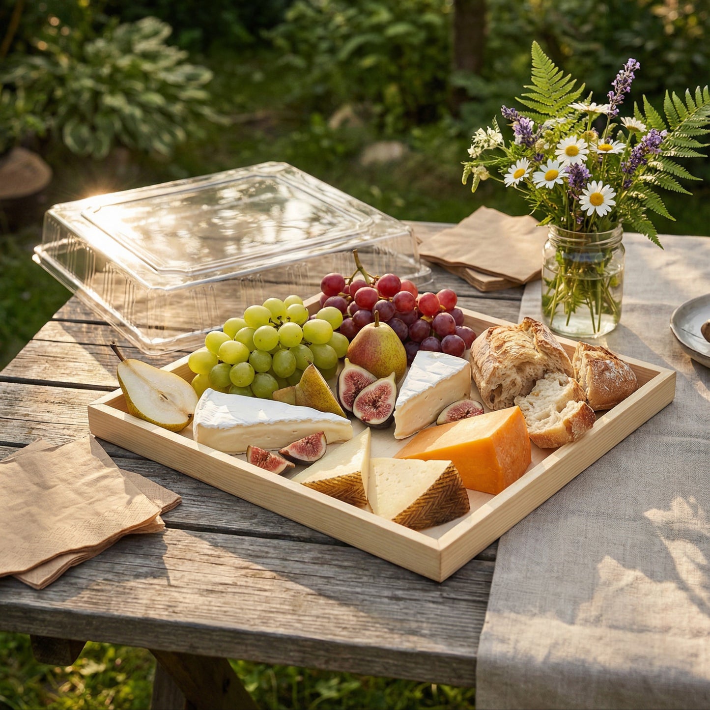 Outdoor setting with a wooden tray of cheese, fruits, and bread on a table with a garden background. Wooden trays disposaBLE TRAYS

