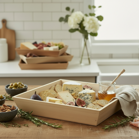 Wooden charcuterie board with assorted cheeses, fruits, and nuts on a kitchen counter.