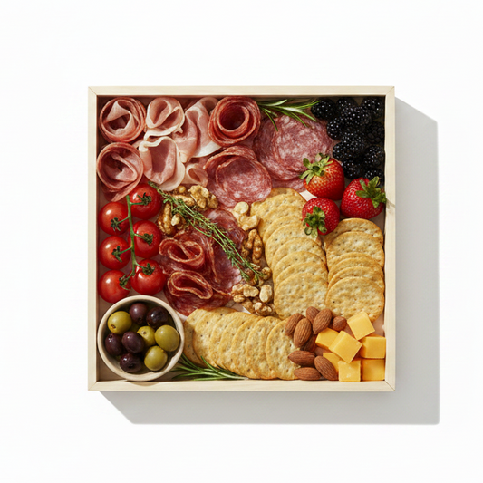 Wooden cheese board with assorted cheeses, fruits, and accompaniments on a light surface.

