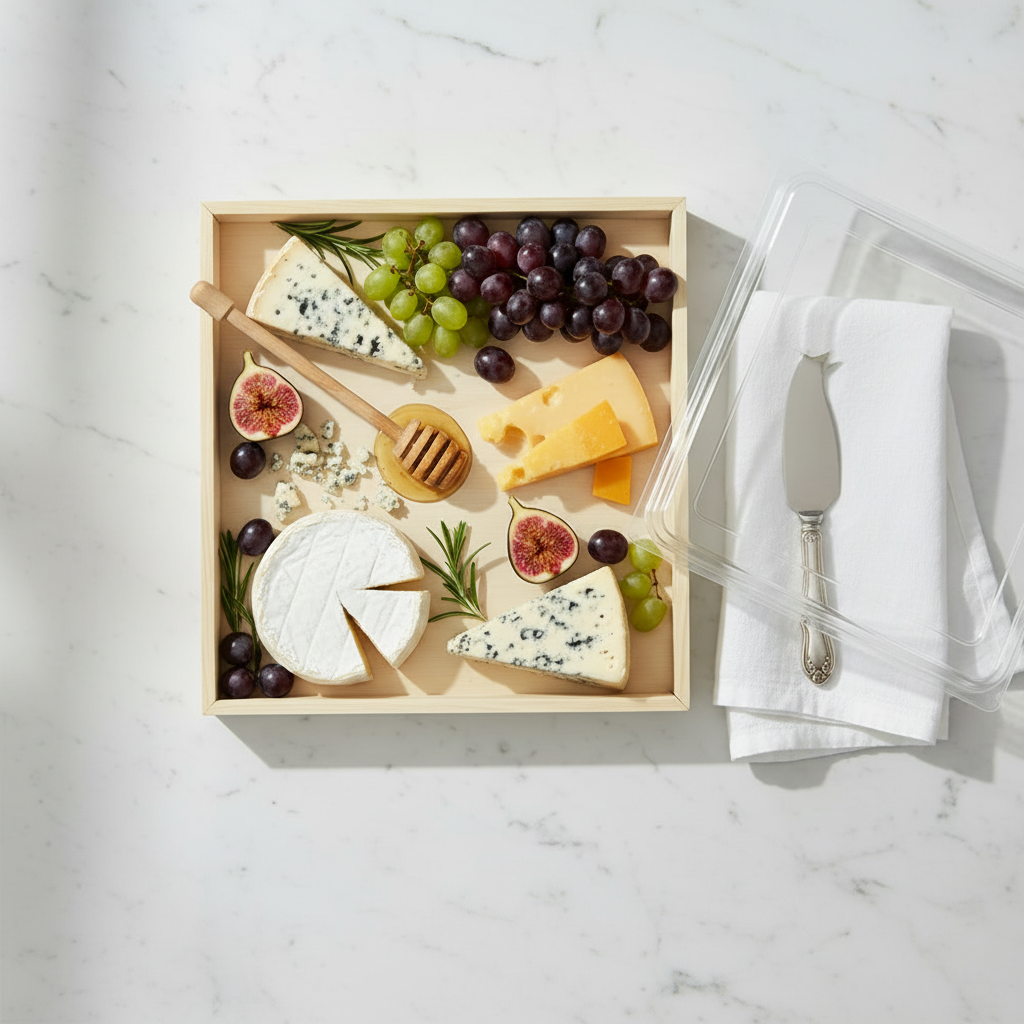 Wooden cheese board with assorted cheeses, fruits, and accompaniments on a light surface.


