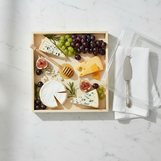 Wooden cheese board with assorted cheeses, fruits, and accompaniments on a light surface.

