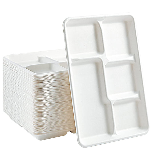 5 Compartment Disposable Plates White - Large 10" x 8" - Eco Leaf Products