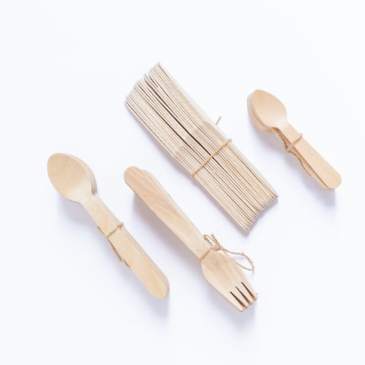 100 Piece Wooden Disposable Cutlery Set (25 x spoon, fork, knife, teaspoon) - Eco Leaf Products