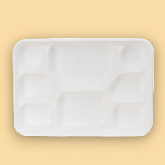 8 Compartment Bagasse Disposable Plates - Compostable Extra Large 12" x 10" - Eco Leaf Products