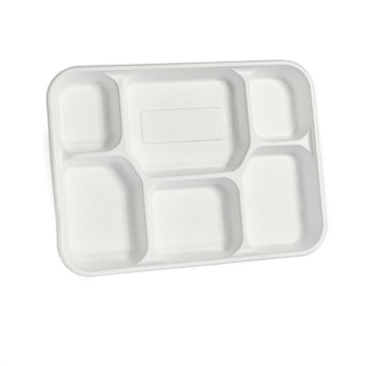 6 Compartment Bagasse White Disposable Plates - Large 11" x 8" - Eco Leaf Products